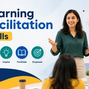 Educational banner showing learning facilitation skills with teachers guiding students through interactive discussions and group activities