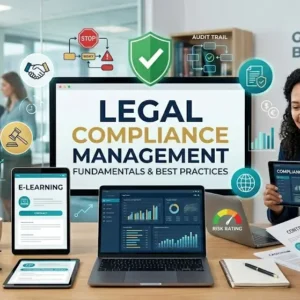 Educational banner for Legal Compliance Management course with law and compliance visuals