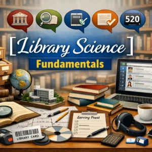 Educational banner for Library Science Fundamentals course with library and research visuals