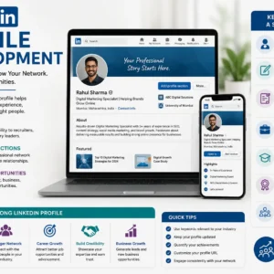Educational banner for LinkedIn Profile Development course with networking and branding visuals