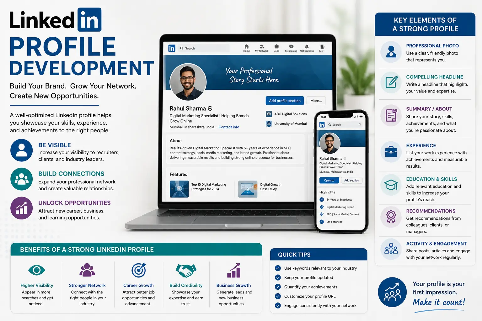 Educational banner for LinkedIn Profile Development course with networking and branding visuals