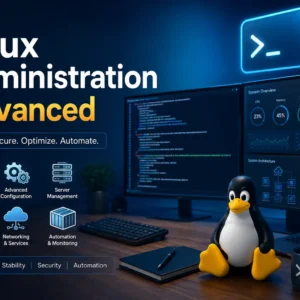 Educational banner for Linux Administration Advanced course with server and command-line visuals