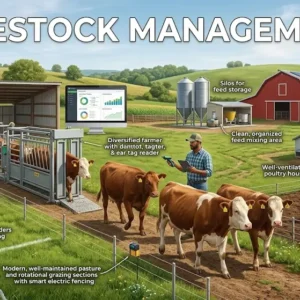 Livestock Management course banner showing farmers managing cattle, sheep, and poultry with modern tools