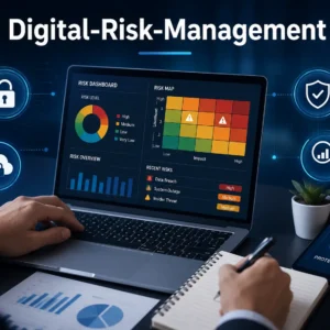 High-quality educational image for Digital Risk Management course showing technology and cybersecurity learning
