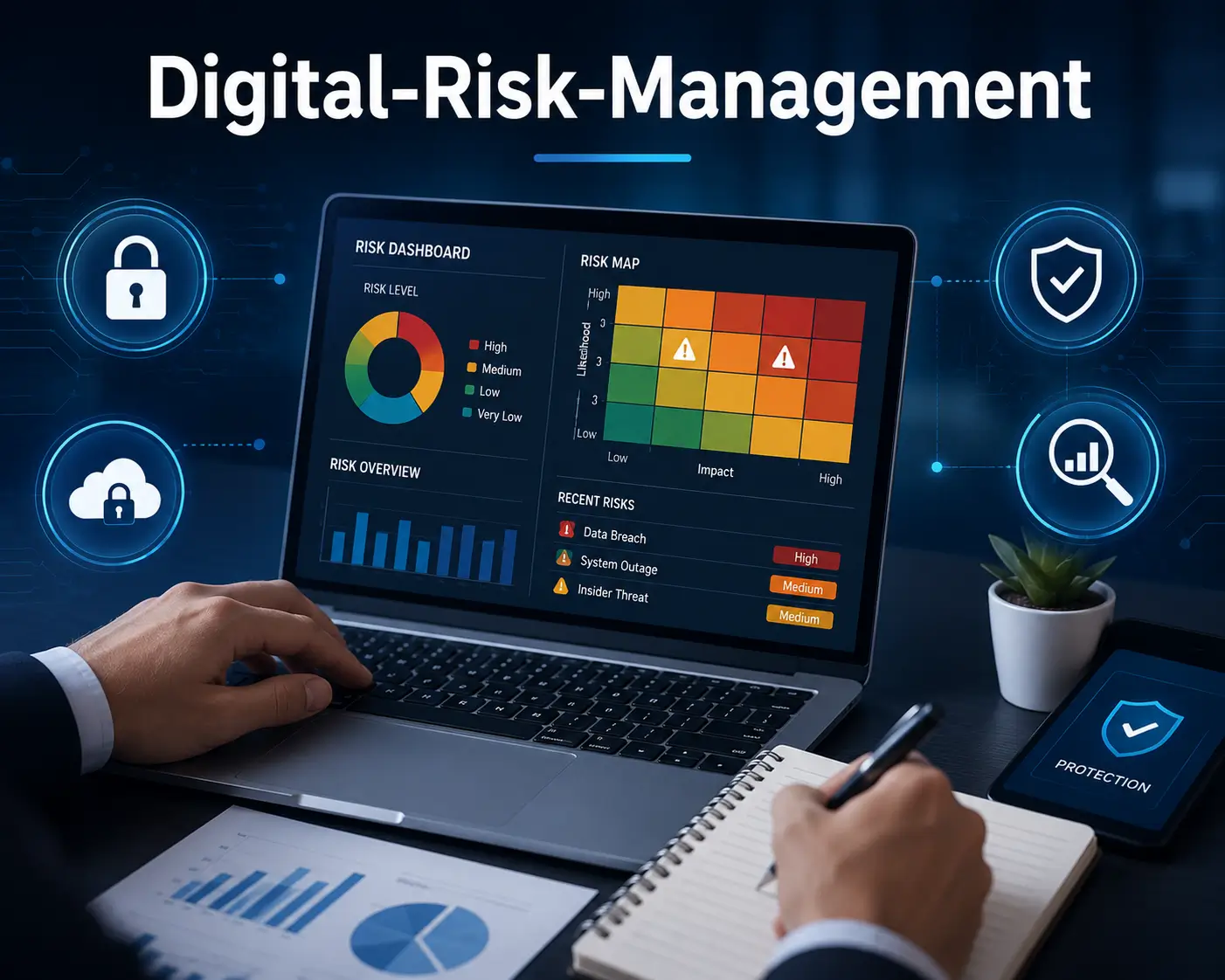 High-quality educational image for Digital Risk Management course showing technology and cybersecurity learning