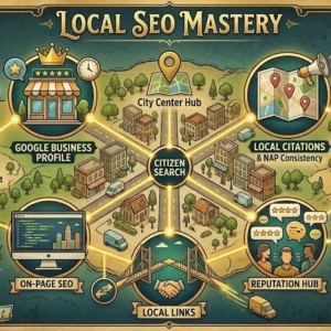High-quality Local SEO Mastery banner with local search and business optimization visuals