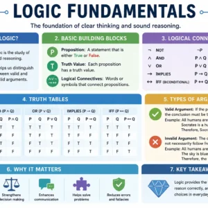 Educational banner for Logic Fundamentals course showing reasoning and analytical visuals