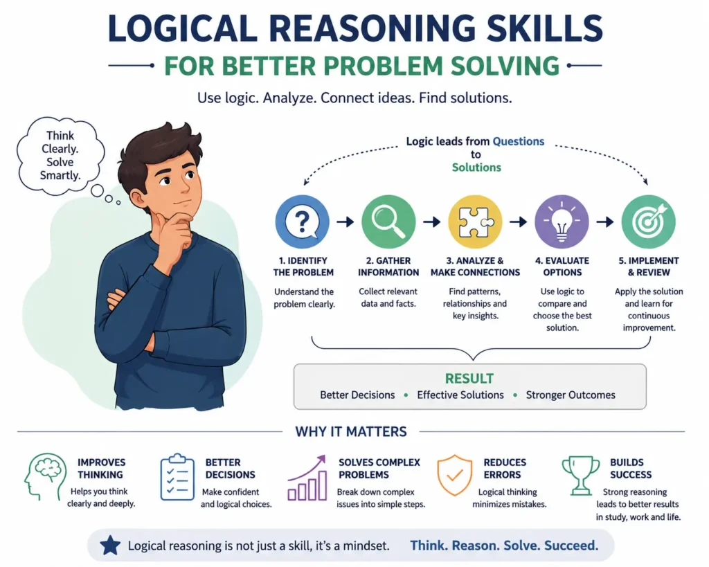 Logical reasoning skills concept showing analytical thinking problem solving and decision making process