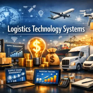 Educational banner for Logistics Technology Systems course featuring smart logistics visuals