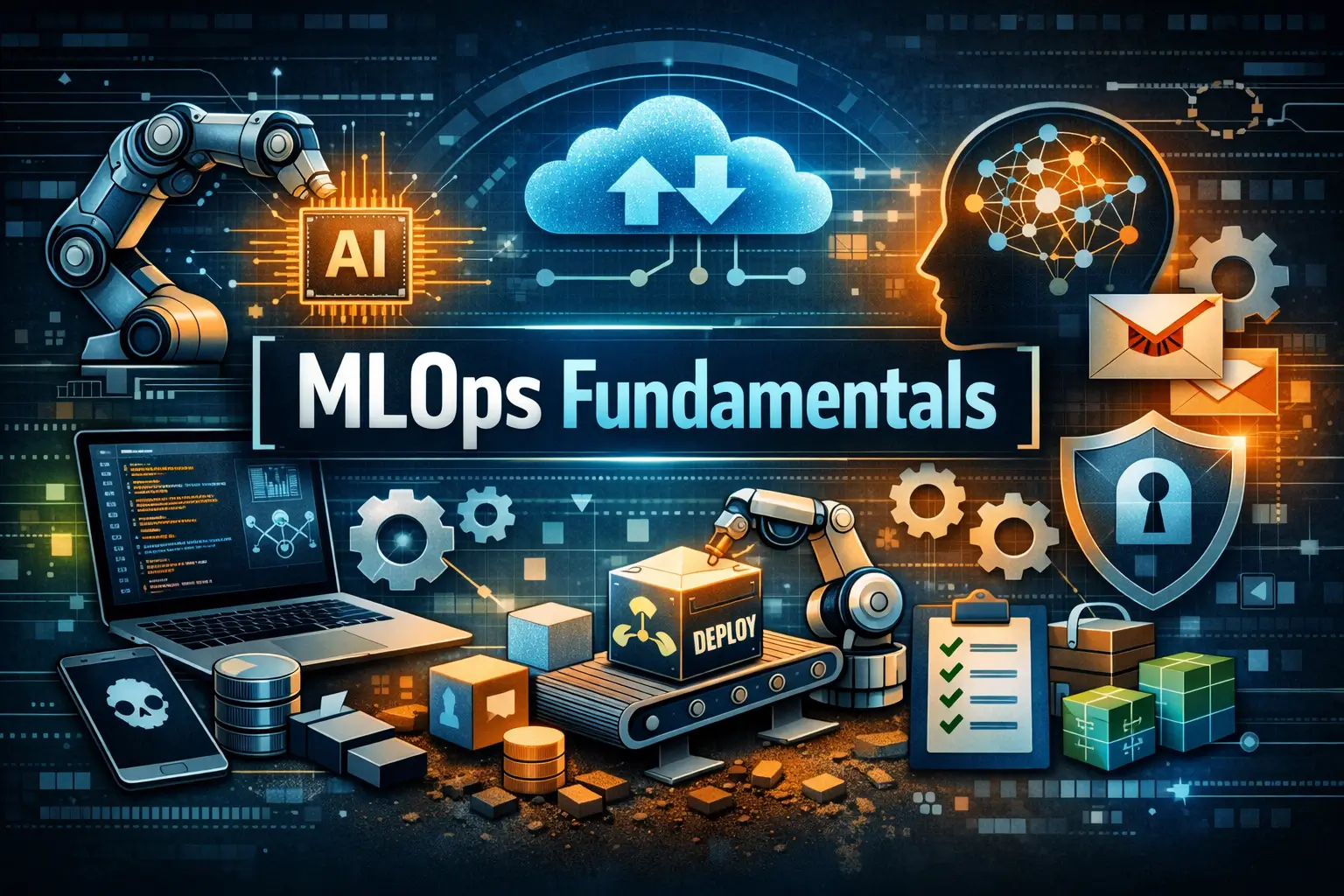 Educational banner for MLOps Fundamentals course with AI and automation visuals