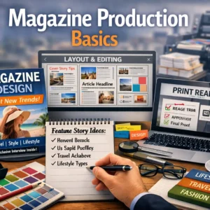 Educational course image for Magazine Production Basics with publishing visuals