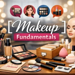 Educational banner for Makeup Fundamentals course with makeup tools and visuals