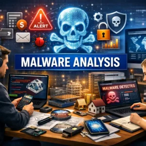 Modern educational banner for Malware Analysis with cybersecurity and threat detection visuals