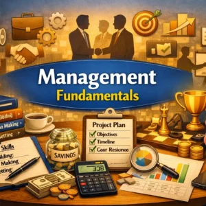Management Fundamentals course image showing leadership, planning, and teamwork visuals