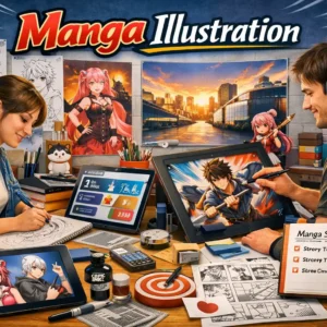 Educational banner showing Manga Illustration with artists drawing anime characters and digital art tools