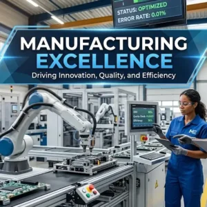 Educational banner for Manufacturing Excellence course with modern industry visuals