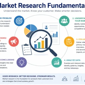 Professional course image for Market Research Fundamentals with data analysis visuals