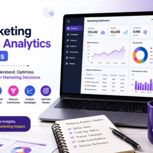 Educational banner for Marketing Data Analytics Basics course with charts and marketing visuals