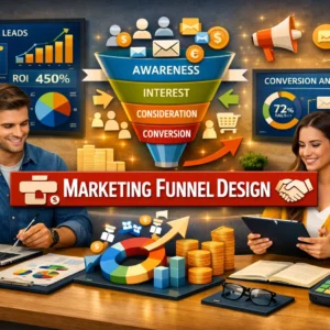 Educational banner for Marketing Funnel Design showing funnel stages and conversion analytics