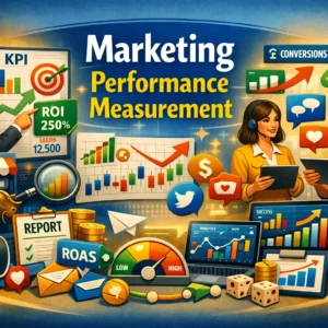 Marketing Performance Measurement course image with analytics dashboards, KPI charts, and ROI visuals