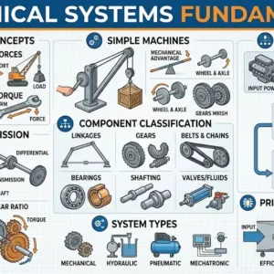 Educational banner for Mechanical Systems Fundamentals course with engineering visuals