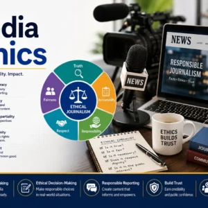 Media Ethics course image with scales of justice, media icons, and newsroom visuals