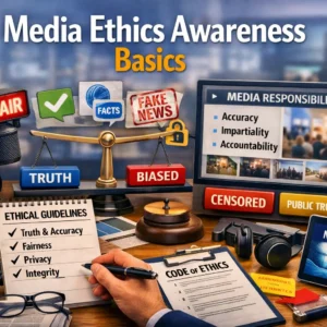 Educational course image for Media Ethics Awareness Basics with ethical journalism visuals