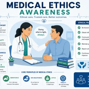 Professional Medical Ethics Awareness course image with healthcare and justice visuals