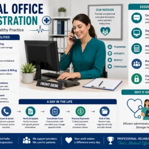 Professional Medical Office Administration course image with healthcare and office management visuals