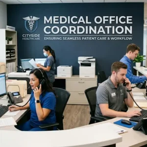 Medical Office Coordination course banner showing healthcare staff managing patient schedules, records, and communication.