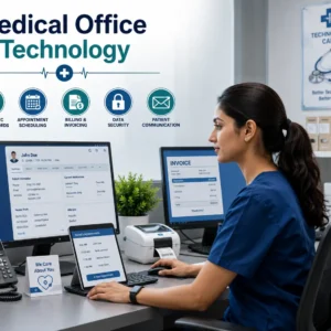 Educational banner showing medical office technology with computers, healthcare staff, and digital record systems
