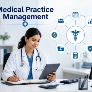 Educational banner showing medical practice management with doctors, administrators, and clinic workflow visuals