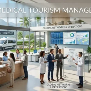Professional Medical Tourism Management course image with healthcare and travel visuals