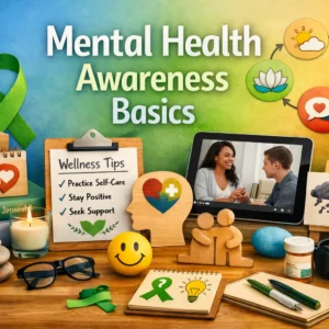 Educational course image for Mental Health Awareness Basics with wellness visuals