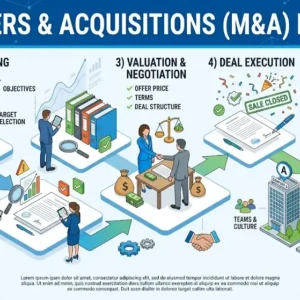Educational banner showing Mergers & Acquisitions Basics with handshake, company buildings, and financial charts