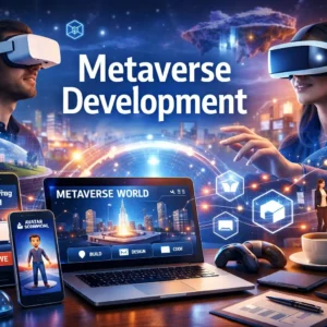 Professional Metaverse Development course image with VR and futuristic visuals