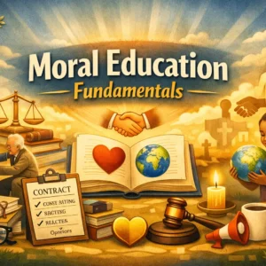 Educational banner for Moral Education Fundamentals course showing moral values and compassion visuals