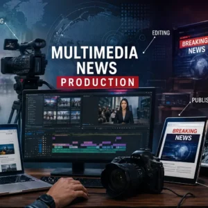 Multimedia News Production course image with newsroom, cameras, and digital editing visuals