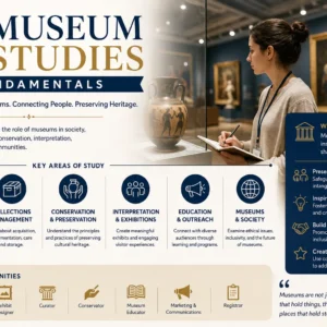 Educational banner for Museum Studies Fundamentals course with museum and curation visuals