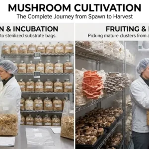 Educational banner for Mushroom Cultivation course with farming and fungi visuals