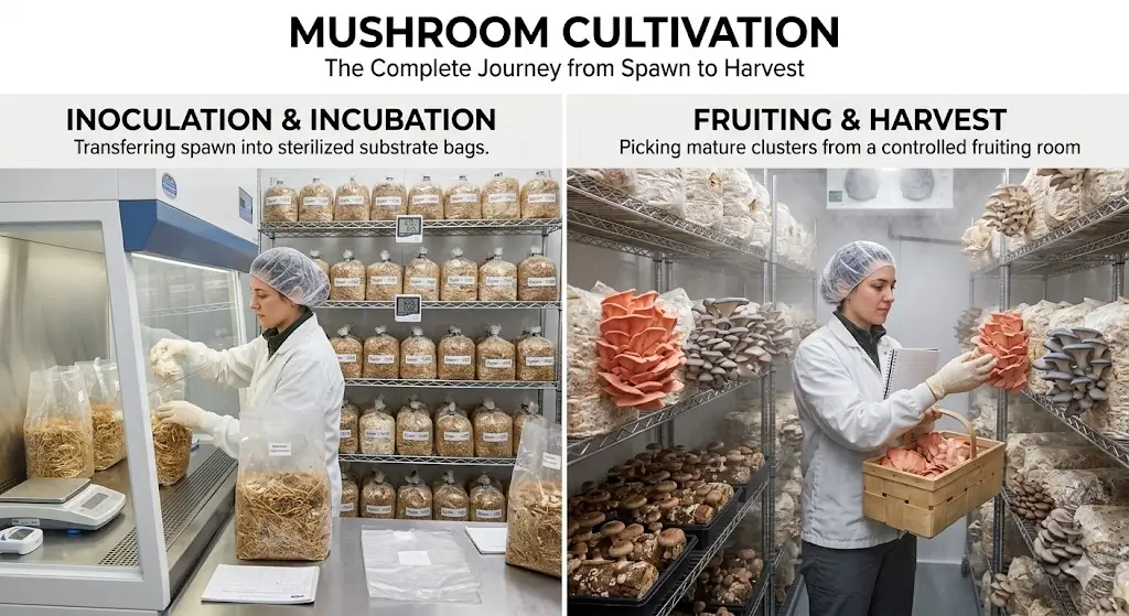 Educational banner for Mushroom Cultivation course with farming and fungi visuals