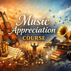 Music Appreciation course banner featuring violin, guitar, saxophone, piano, and conductor silhouette