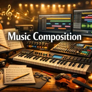 Music Composition course image with piano, guitar, and digital workstation
