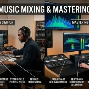 Professional Music Mixing & Mastering course image with audio console and sound wave visuals