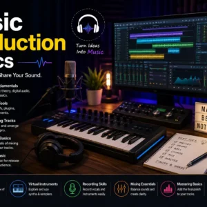Production Basics course image with studio setup and digital tools