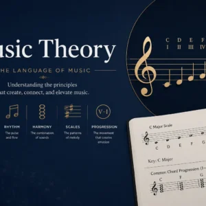 Professional Music Theory course image with notes, instruments, and learning visuals
