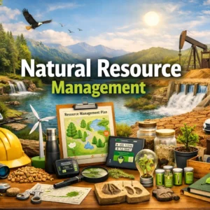 Educational course image for Natural Resource Management with forest, water, and mining visuals