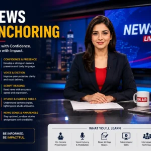 News Anchoring course image with anchor desk, teleprompter, and newsroom visuals