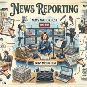 Professional News Reporting course image with reporters, newsroom, and journalism visuals