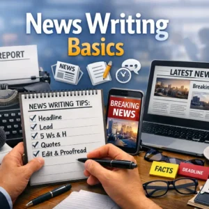 Educational course image for News Writing Basics with journalism visuals